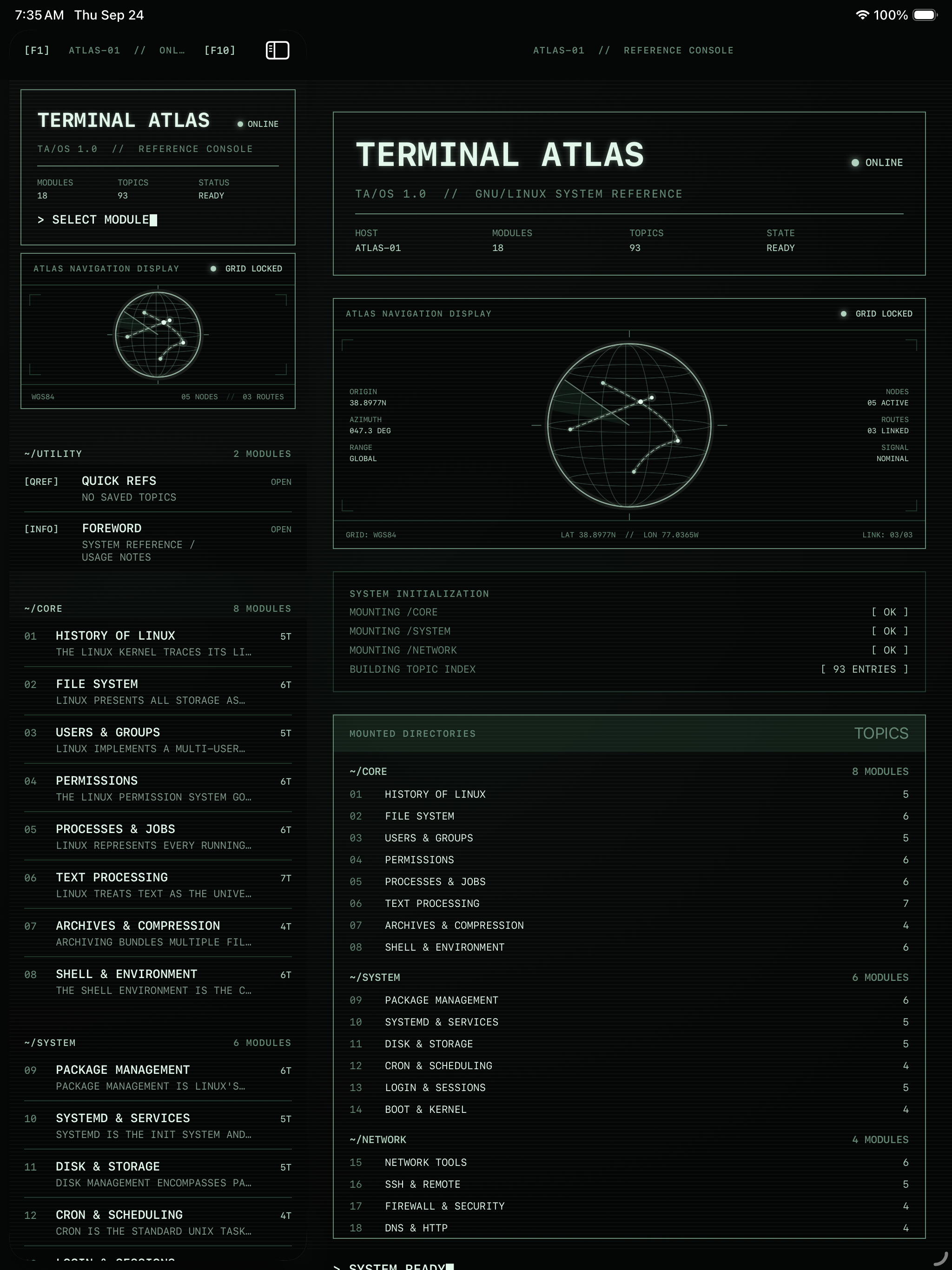 Terminal Atlas iPad layout with sidebar, reference console, and topic index
